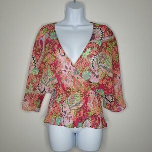 Vintage y2k Bisou Bisou pink green semi sheer dolmen sleeve v neck party top